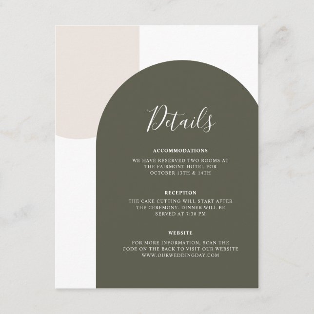 Minimal Green Boho Arch Wedding Details QR Code Enclosure Card (Front)