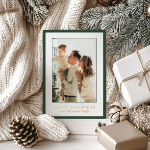 Minimal Green Border Photo Elegant Christmas Foil Holiday Card