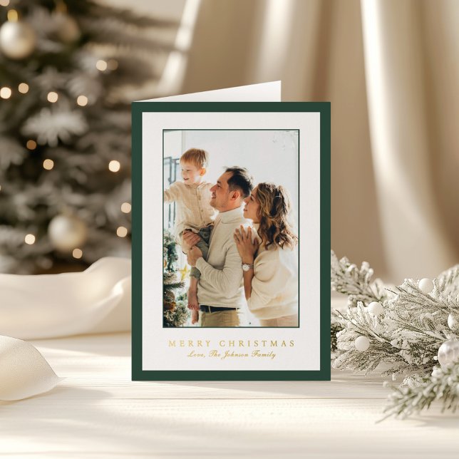 Minimal Green Border Photo Elegant Christmas Foil Holiday Card (Creator Uploaded)