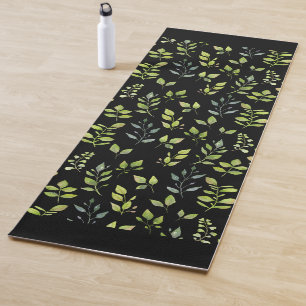 Minimal Green Botanical Leaf Pattern, Black/White Yoga Mat