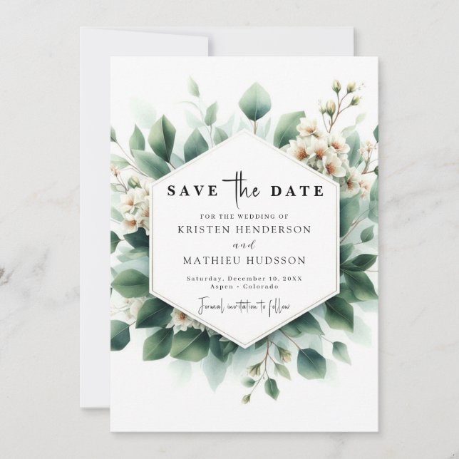 Minimal Green Eucalyptus Digital Wedding Save The Date (Front)