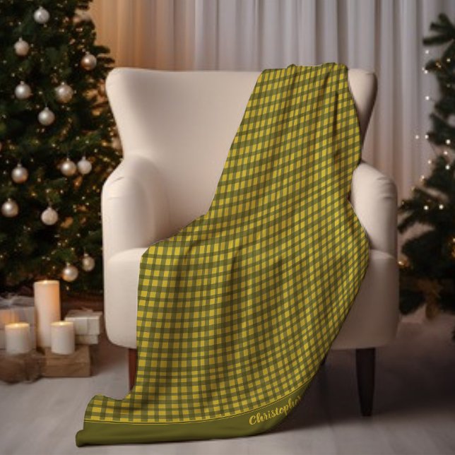 Minimal Green Gingham Plaid Add Name Christmas Fleece Blanket (Creator Uploaded)