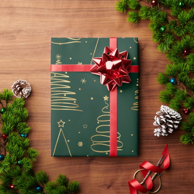 Minimal Green Gold Christmas Tree Wrapping Paper (Holiday Gift)