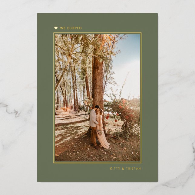 Minimal Green Gold Married Elopement Announcement (Front)