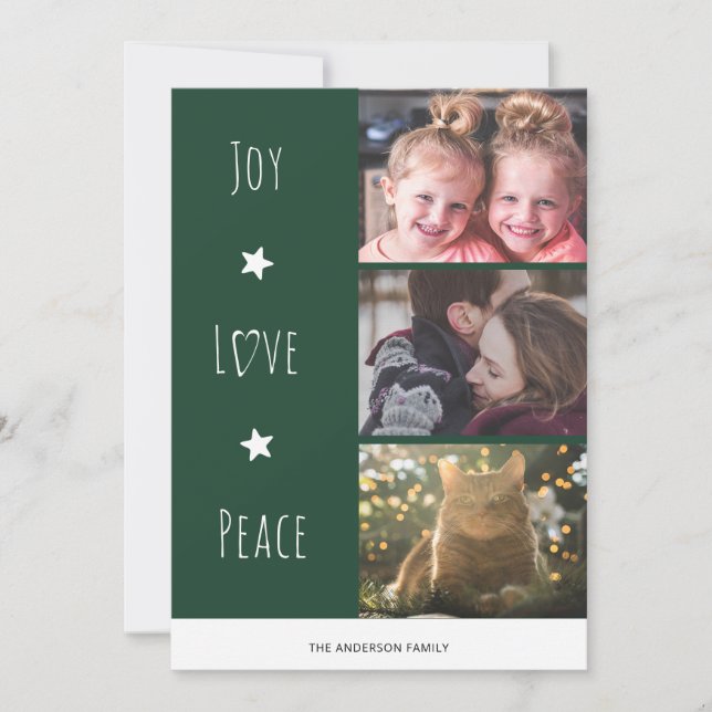 Minimal Green Joy Love Peace Photo Christmas Holiday Card (Front)