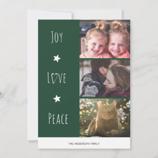 Minimal Green Joy Love Peace Photo Christmas Holiday Card