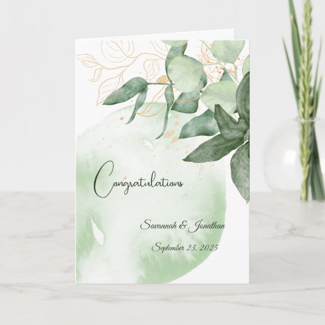 Minimal Green Leaves Personalised Wedding Card (Front)