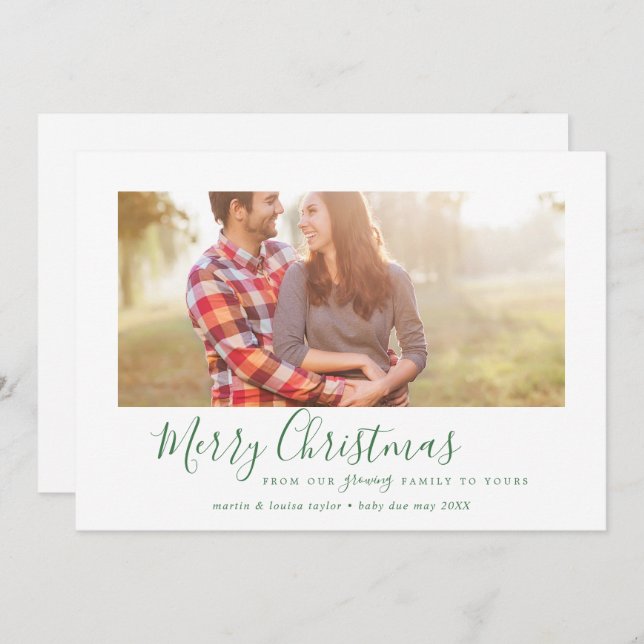 Minimal Green Merry Christmas Our Growing Family Holiday Card (Front/Back)