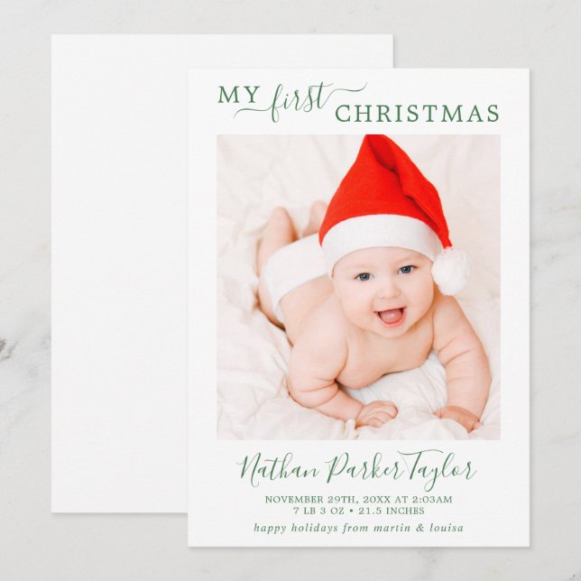 Minimal Green My First Christmas Baby Birth Photo Holiday Card (Front/Back)