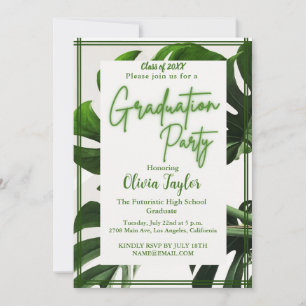 Minimal Green Neon Tropical Palm Graduation Party  Invitation
