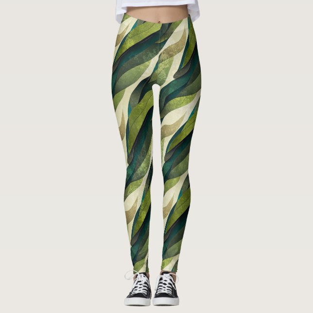 Minimal Green Olive Abstract Deco Pattern Leggings (Front)