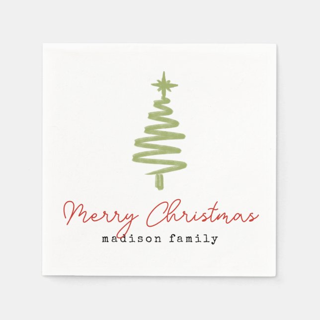 Minimal Green & Red Christmas Tree Family Holiday Napkin (Front)