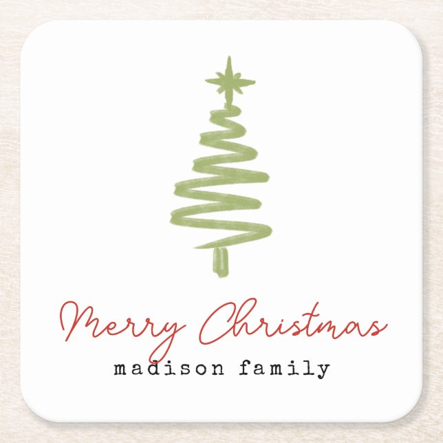 Minimal Green & Red Christmas Tree Family Square Paper Coaster (Front)