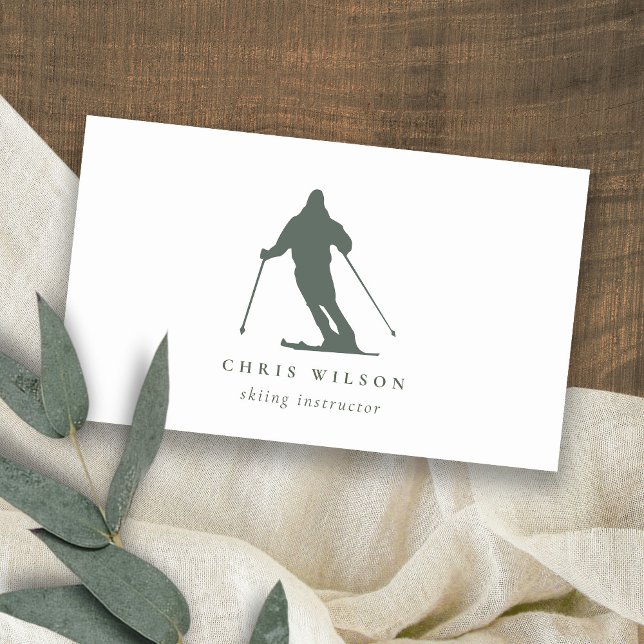Minimal Green Skiing Silhouette Instructor Coach Business Card (Creator Uploaded)