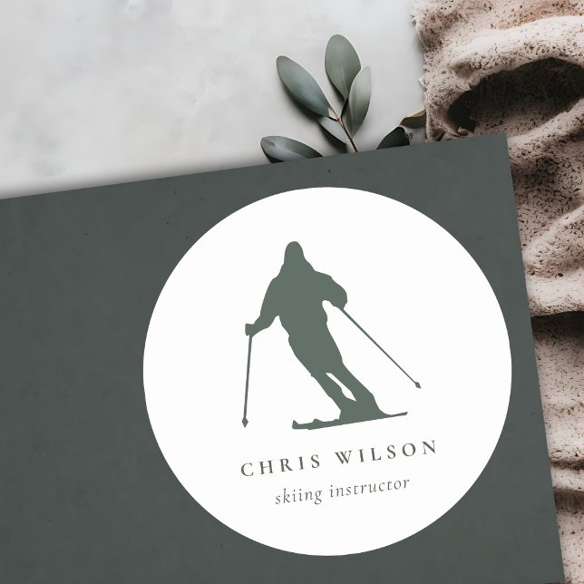 Minimal Green Skiing Silhouette Instructor Coach Classic Round Sticker (Creator Uploaded)