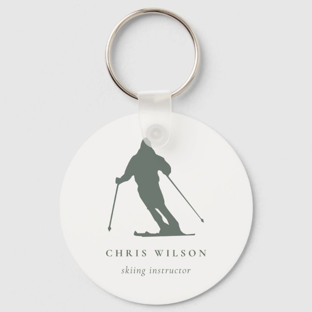 Minimal Green Skiing Silhouette Instructor Coach Key Ring (Front)