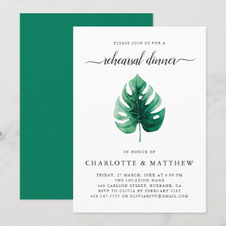 Minimal Green Tropical Leaf Rehearsal Dinner Invitation