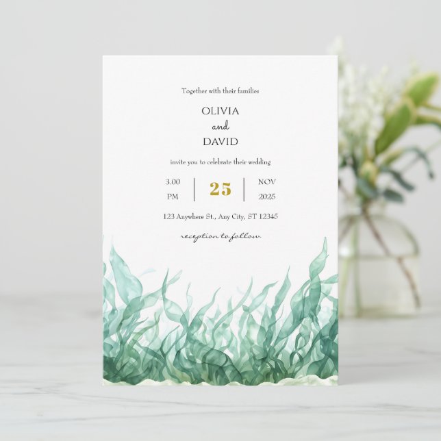 Minimal Green Underwater Seaweed Beach Wedding  Invitation (Standing Front)