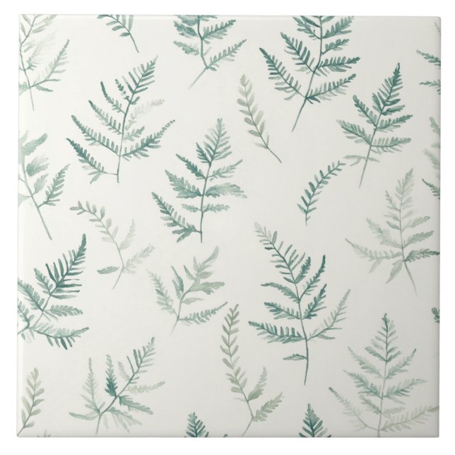 Minimal Green Watercolor Fern Ceramic Tile (Front)