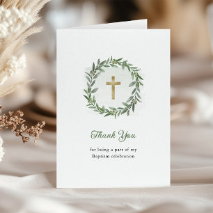 Minimal Greenery and Gold Cross   Baptism Thank You Card