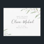Minimal greenery calligraphy rustic save the date announcement postcard<br><div class="desc">Modern chic watercolor botanical foliage greenery design,  simple and elegant,  great for modern wedding,  rustic wedding,  and botanical garden wedding in spring and summer. 
See all the matching pieces in collection</div>