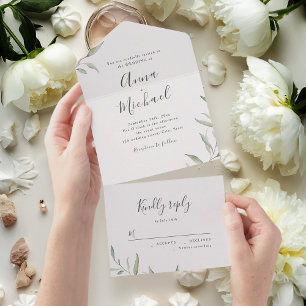 Minimal greenery calligraphy rustic wedding all in one invitation