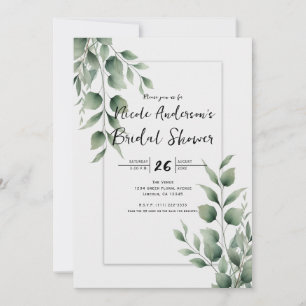 Minimal Greenery Leaves Modern White Bridal Shower Invitation