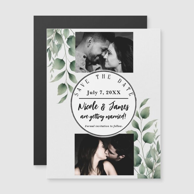 Minimal Greenery Leaves Modern White Save the Date (Front/Back)