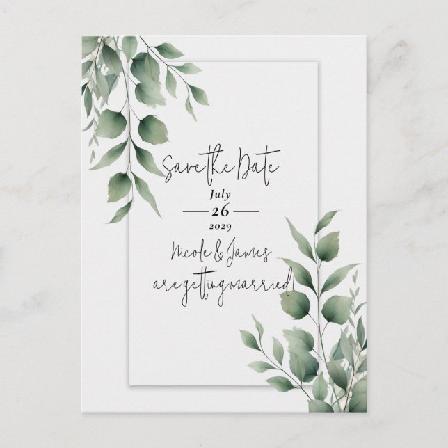 Minimal Greenery Leaves Modern White Save the Date Announcement Postcard (Front)
