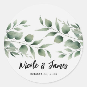 Minimal Greenery Leaves Modern White Wedding Classic Round Sticker