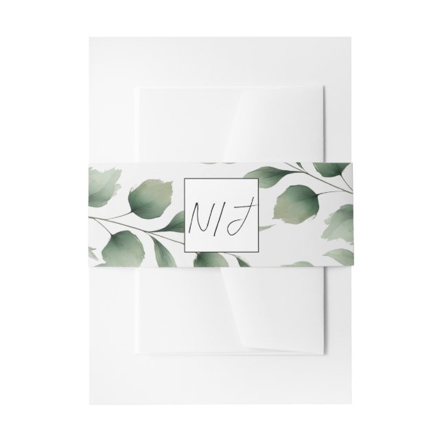 Minimal Greenery Leaves Modern White Wedding Invitation Belly Band (Front Example)