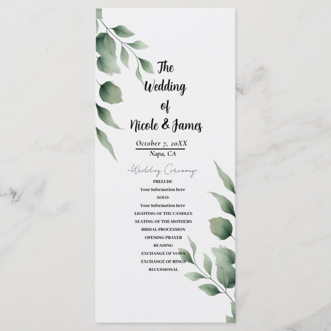 Minimal Greenery Leaves Modern White Wedding Program (Front)
