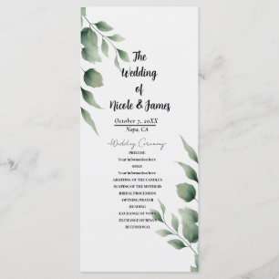 Minimal Greenery Leaves Modern White Wedding Program