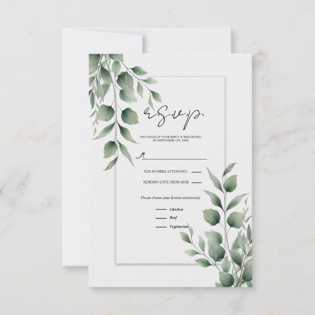 Minimal Greenery Leaves Modern White Wedding RSVP (Front)