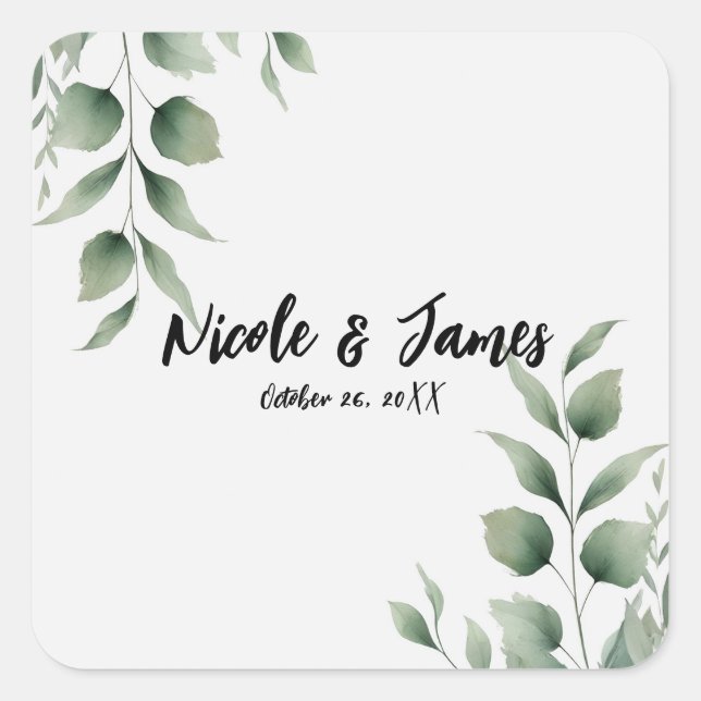 Minimal Greenery Leaves Modern White Wedding Square Sticker (Front)