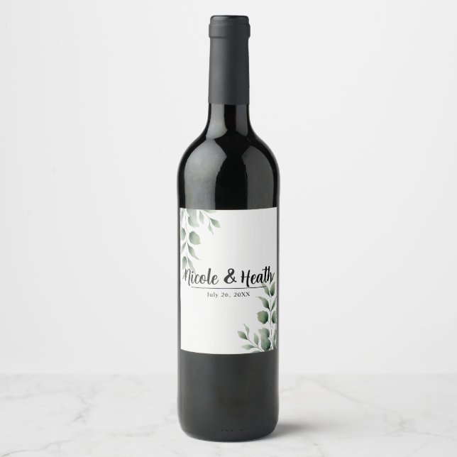 Minimal Greenery Leaves Modern White Wedding Wine Label (Front)