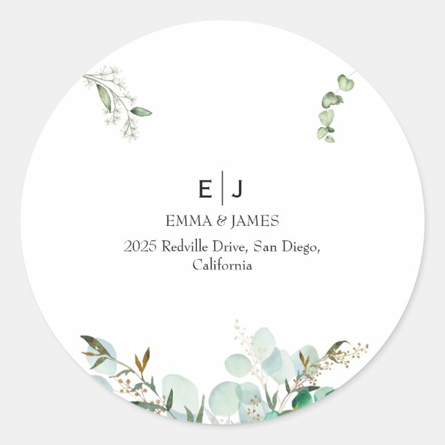 Minimal Greenery Monogram Round Sticker (Front)