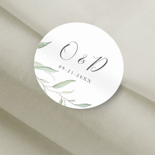 Minimal greenery monogram wedding favour classic round sticker