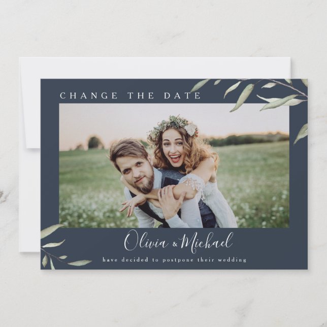 Minimal greenery photo change the date Postponed Invitation (Front)