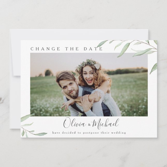 Minimal greenery photo change the date Postponed Invitation (Front)