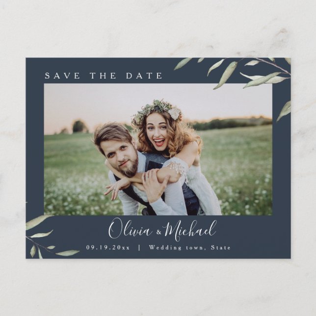 Minimal greenery photo wedding save the date postcard (Front)