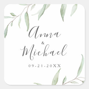 Minimal greenery rustic wedding favour square sticker
