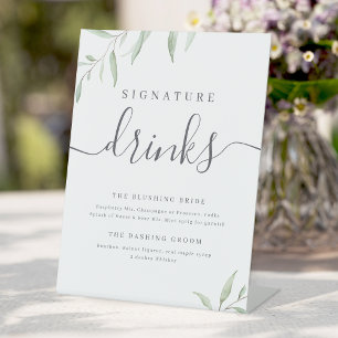 Minimal greenery rustic Wedding Signature Drinks Pedestal Sign