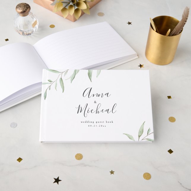 Minimal greenery simple calligraphy wedding guest book (Front Open)