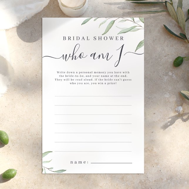 Minimal greenery who am I bridal shower game (Minimal greenery who am I bridal shower game)