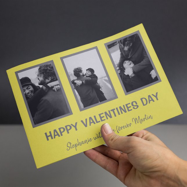 Minimal Grey And Yellow 3 Photo Valentines Day Holiday Card (Creator Uploaded)