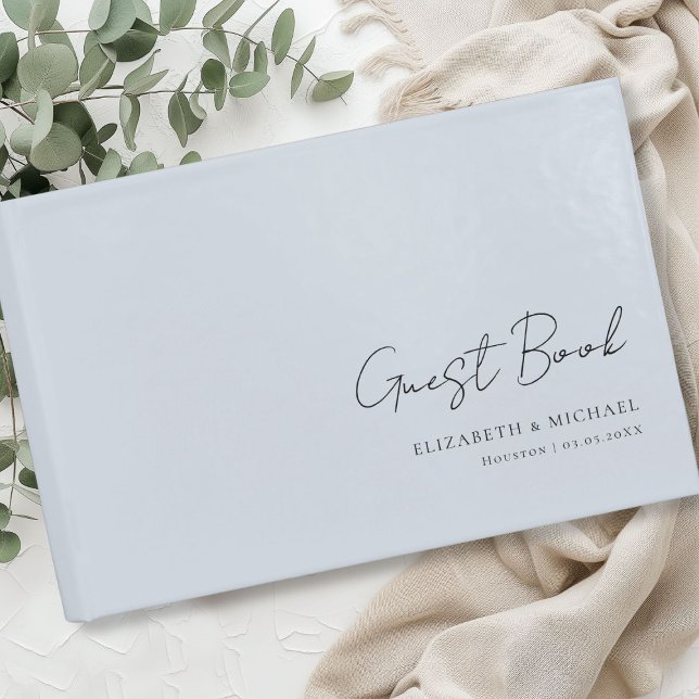 Minimal, Grey-Blue Handwriting Script Wedding  Guest Book (Minimal, Poweder-Blue Handwriting Script Wedding Guest Book with your name and date)