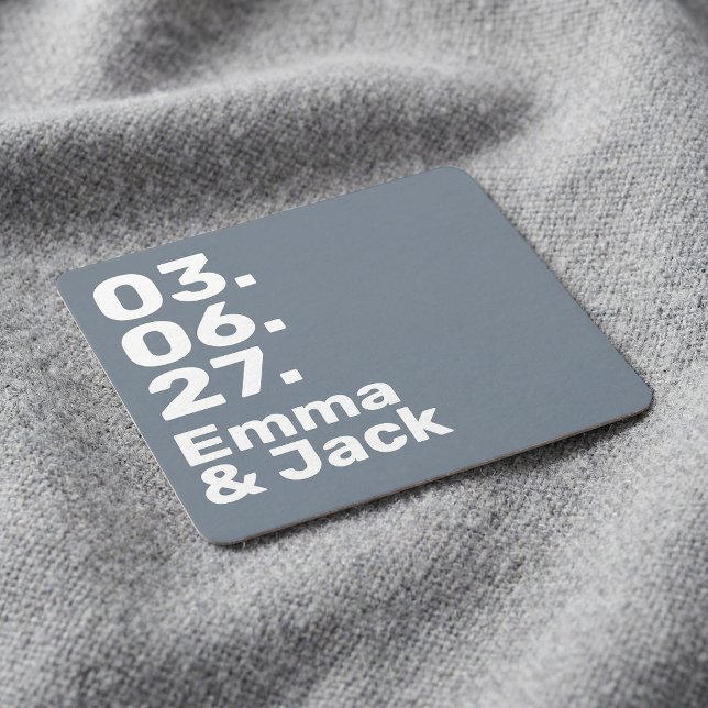 Minimal grey bold modern wedding date and names square paper coaster (Minimal grey bold modern wedding date and names square paper coaster)