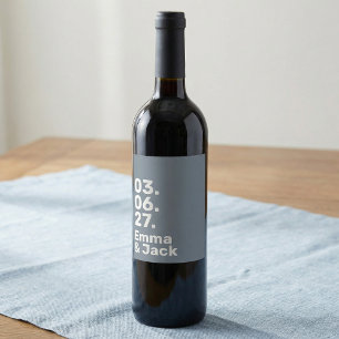 Minimal grey bold modern wedding date and names wine label