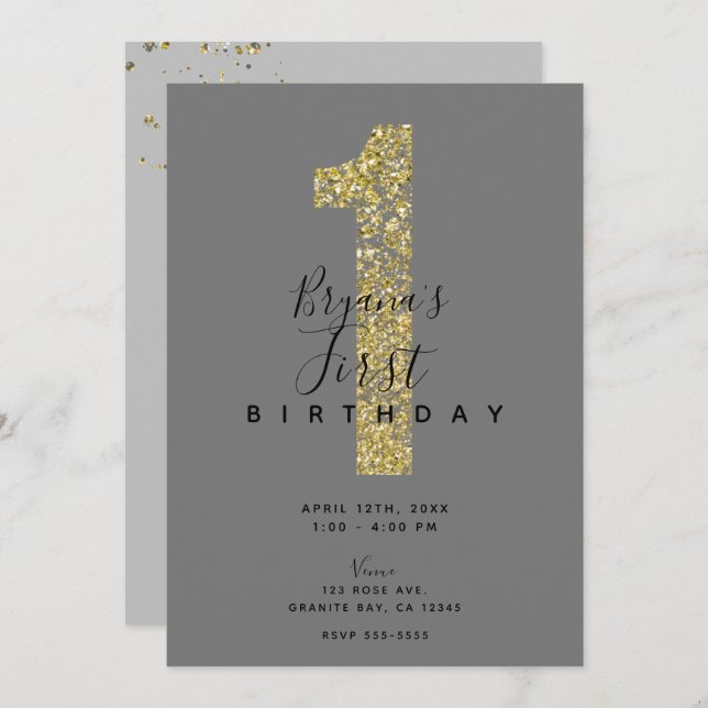 Minimal Grey Gold Flakes 1 Glitter 1st Birthday In Invitation (Front/Back)